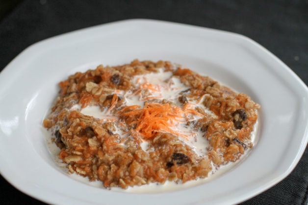 White bowl of carrot cake oatmeal.