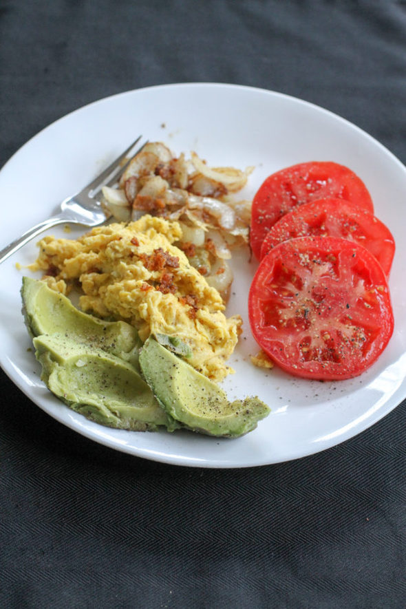 Scrambled eggs with veggies.